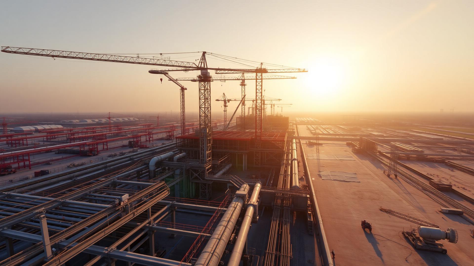 Aerial view of a large EPC construction site — cranes, pipe racks and structural modules at sunset