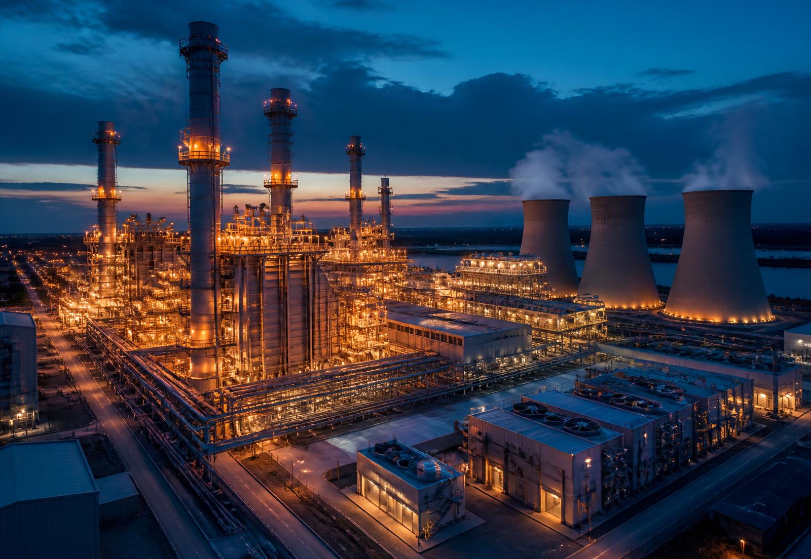 Illuminated power plant at dusk