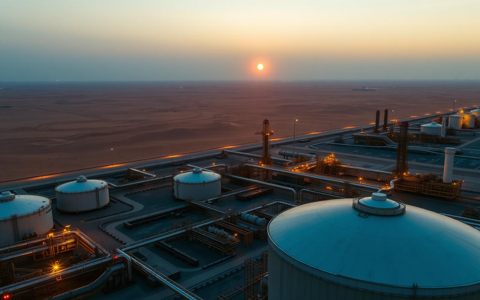 Libyan oilfield operations at golden hour