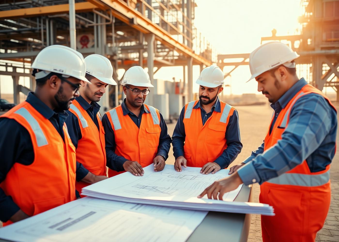 Engineering team reviewing project blueprints on site