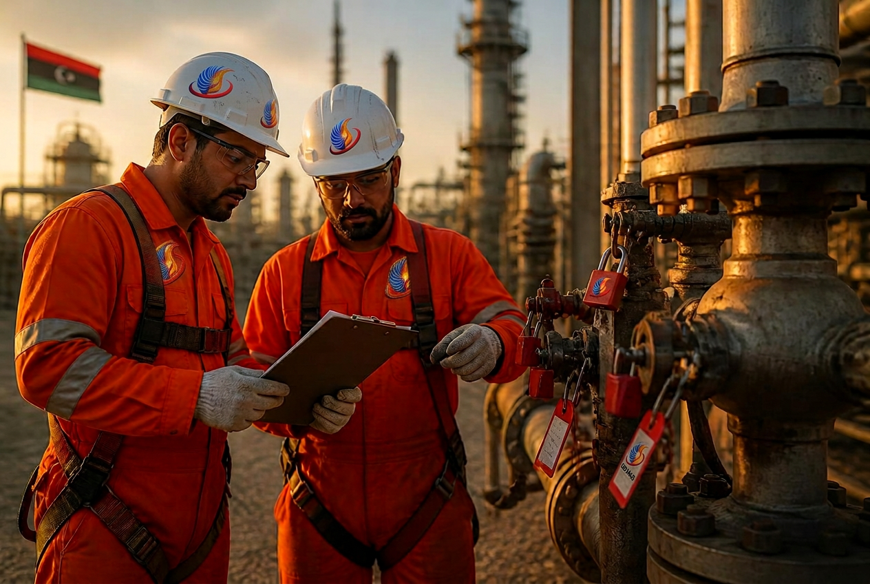 DB MAS technicians reviewing a permit-to-work with lockout-tagout devices on live pipework